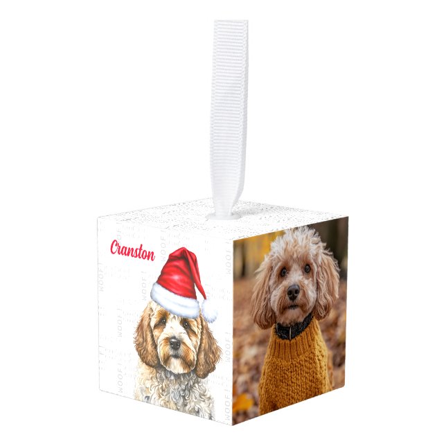 Fun Cockapoo Santa Dog Two Photo Christmas Cube Ornament (Front Angled)