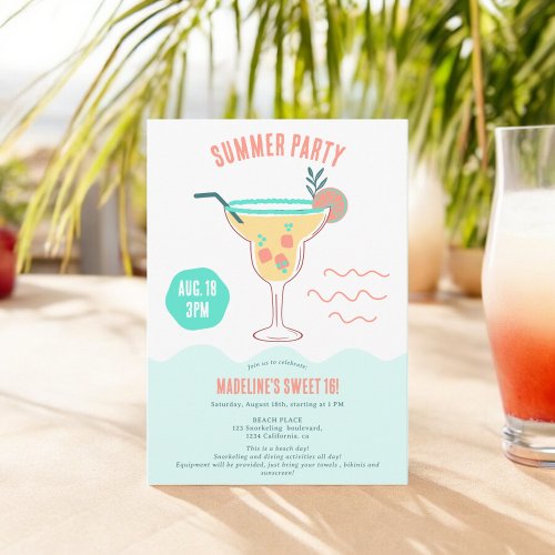 Fun Cocktail illustration summer beach Sweet 16 Invitation