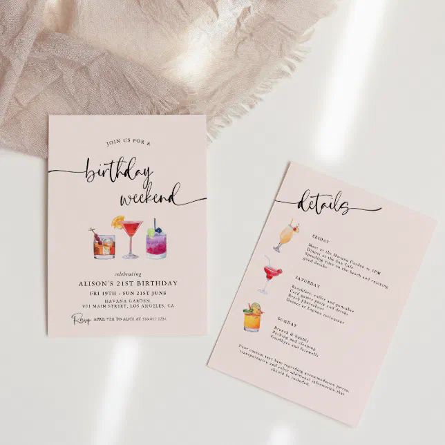 Fun Cocktails Birthday Weekend Itinerary Invitation | Zazzle