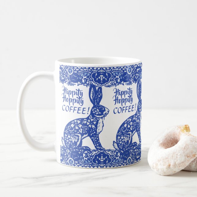 Fun Coffee Blue White Bunny Rabbit Chinoiserie Mug (With Donut)