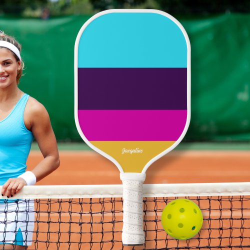 Fun Color Block Stripes Personalized Text Name Pickleball Paddle
