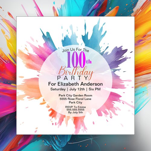 Fun Color Splash 100th Birthday Invitation