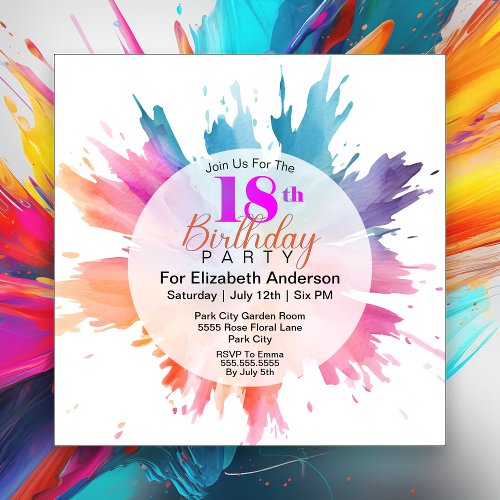 Fun Color Splash 18th Birthday Invitation