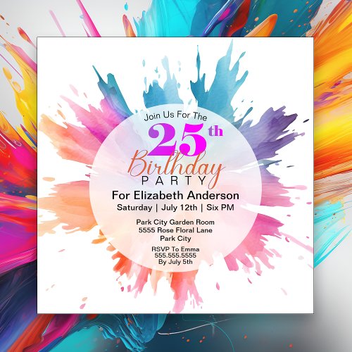 Fun Color Splash 25th Birthday Invitation