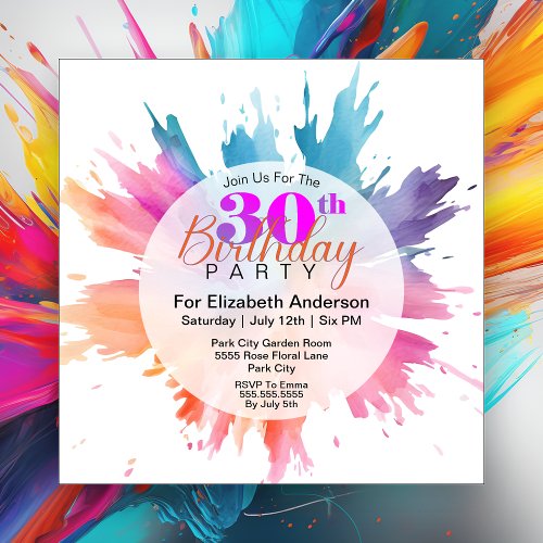 Fun Color Splash 30th Birthday Invitation