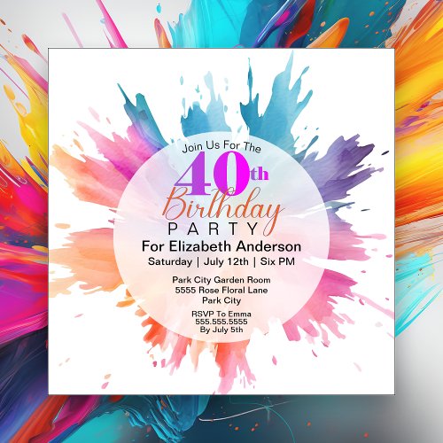 Fun Color Splash 40th Birthday Invitation