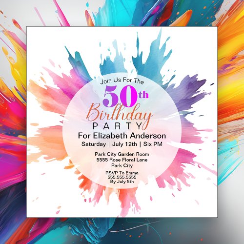 Fun Color Splash 50th Birthday Invitation