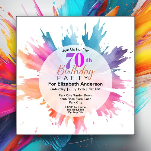 Fun Color Splash 70th Birthday Invitation