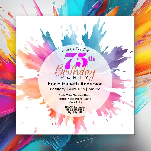 Fun Color Splash 75th Birthday Invitation