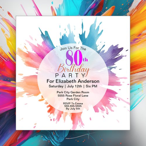 Fun Color Splash 80th Birthday Invitation