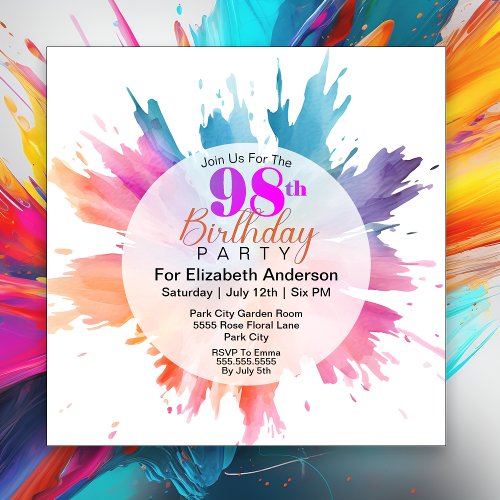 Fun Color Splash 98th Birthday Invitation