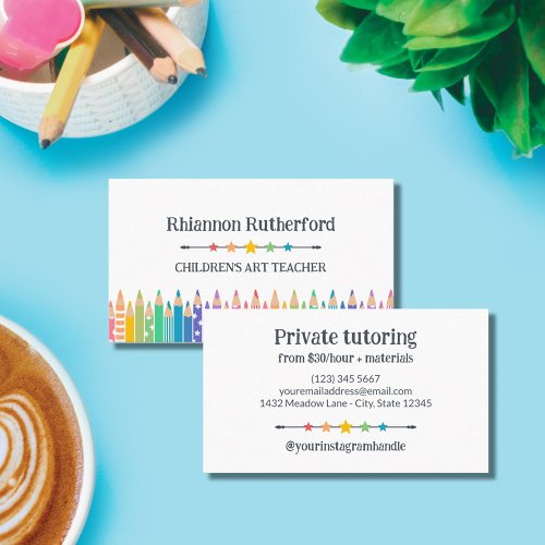 Fun Colored Pencils &amp; Stars Art Teacher Tutor Business Card
