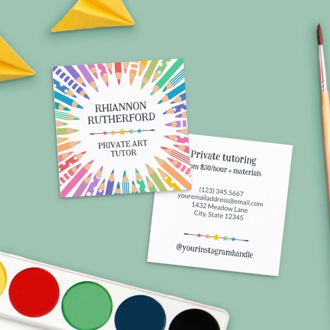 Fun Colored Pencils & Stars Art Teacher Tutor Square Business Card (Creator Uploaded)