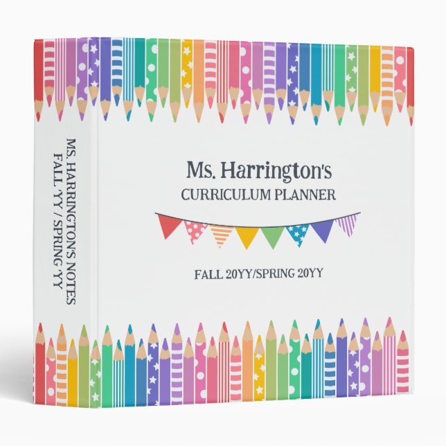 Fun Colored Pencils & Stars Teacher Curriculum 3 Ring Binder (Front/Spine)