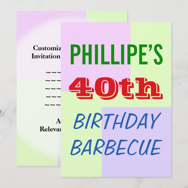 Fun, Colorful "40th BIRTHDAY BARBECUE" Invitation (Front/Back)