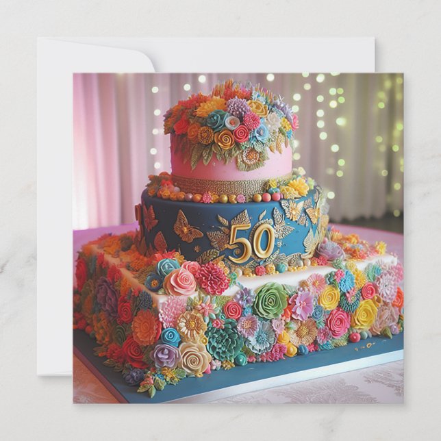FUN COLORFUL 50TH WEDDING ANNIVERSARY CAKE  INVITATION (Front)