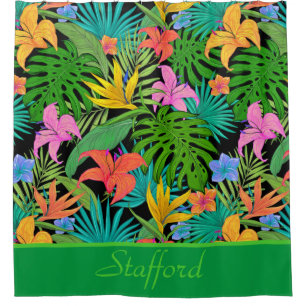 Fun, Colorful Add Name Tropical Foliage & Flowers Shower Curtain