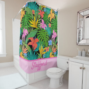 Fun, Colorful Add Name Tropical Foliage & Flowers Shower Curtain