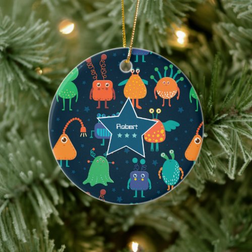 Fun Colorful Alien Pattern for Kids Blue Christmas Ceramic Ornament