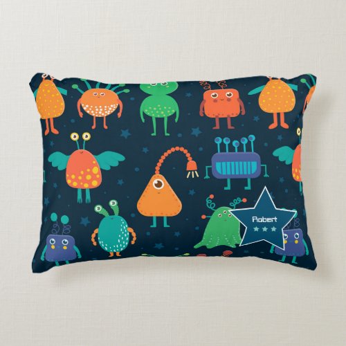 Fun Colorful Alien Pattern for Kids on Blue Accent Pillow