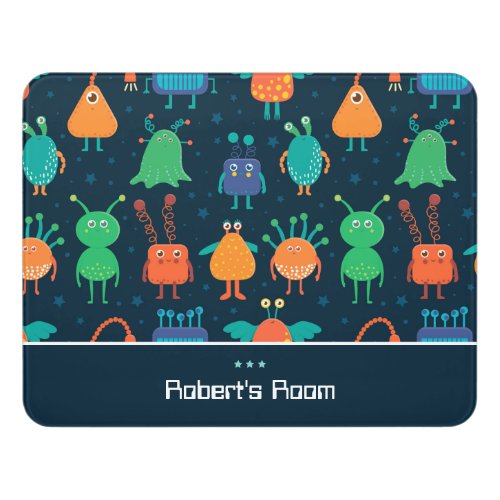 Fun Colorful Alien Pattern for Kids on Blue Door Sign
