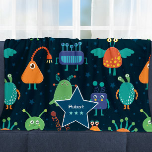 Fun Colorful Alien Pattern for Kids on Blue Fleece Blanket