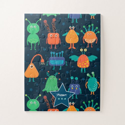 Fun Colorful Alien Pattern for Kids on Blue Jigsaw Puzzle