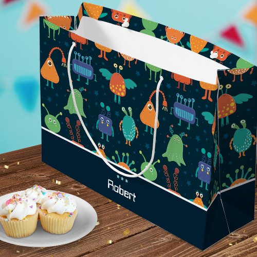 Fun Colorful Alien Pattern for Kids on Blue Party Large Gift Bag