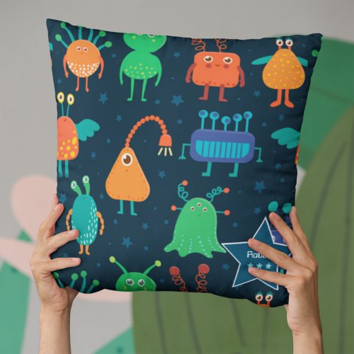 Fun Colorful Alien Pattern for Kids on Blue Throw Pillow