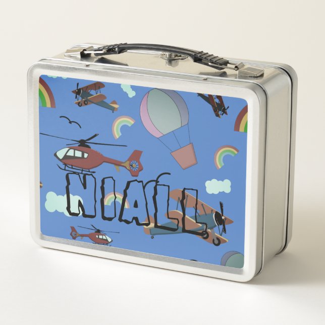 Fun Colorful Aviation Personalized Metal Lunch Box (Back)