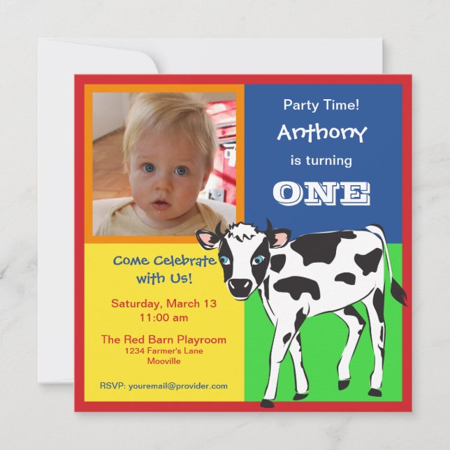 Fun Colorful Baby Cow Photo Invitation (Front)