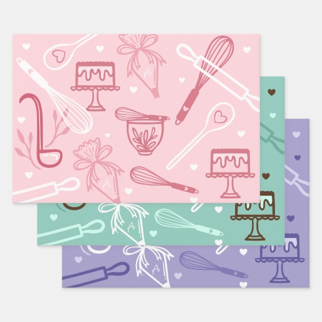 Fun Colorful Baking & Cooking Utensil Pattern Wrapping Paper Sheets (Set)