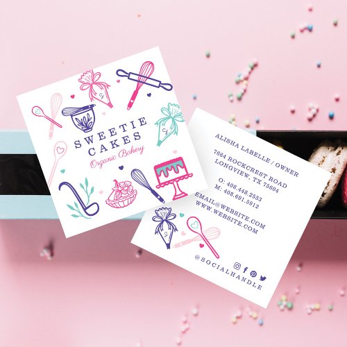 Fun Colorful Baking  Cooking Utensil White Square Business Card