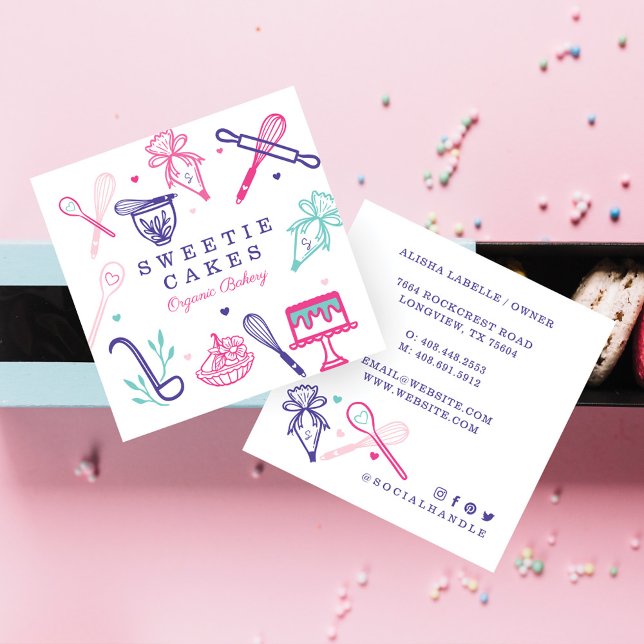 Fun Colorful Baking & Cooking Utensil White Square Business Card (Creator Uploaded)