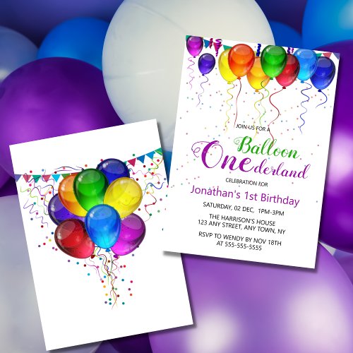 Fun Colorful Balloon Wonderland 1st Birthday  Invitation