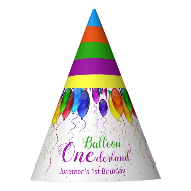 Fun Colorful Balloon Wonderland 1st Birthday  Party Hat (Front)