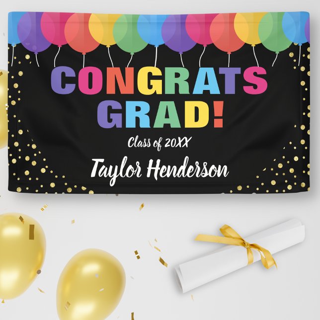 Fun Colorful Balloons Gold Confetti Graduation Banner (Creator Uploaded)