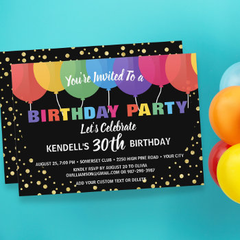 Fun Colorful Balloons Gold Glitter Birthday Party Invitation by colorfulgalshop at Zazzle