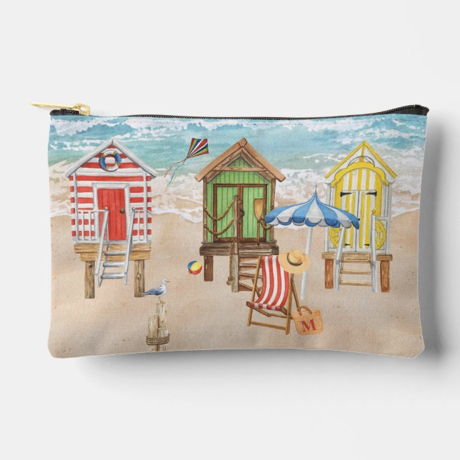 Fun Colorful Beach Cabins Water Monogram Accessory Pouch (Front)