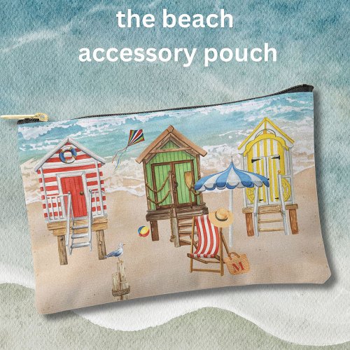 Fun Colorful Beach Cabins Water Monogram Accessory Pouch