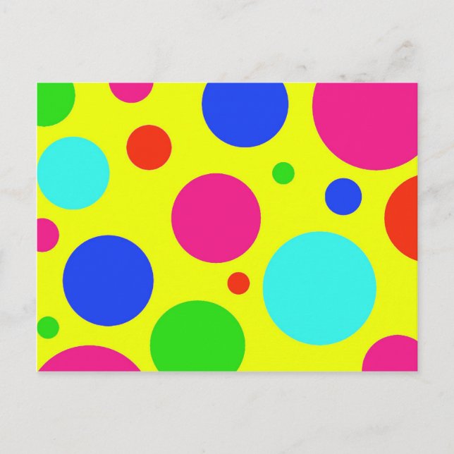 Fun Colorful Big Polka Dots on Yellow Postcard (Front)