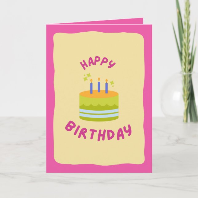 Fun & Colorful Birthday Cake Card - Pink & Yellow (Front)