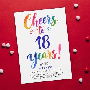 Fun Colorful Blue Cheers To 18th Watercolor Script Invitation