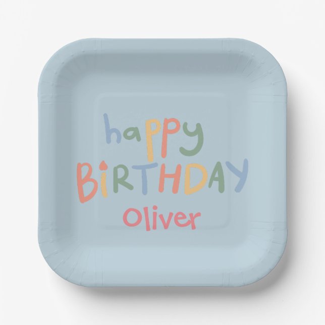 Fun Colorful Blue Editable Kids Birthday Party  Paper Plates (Front)