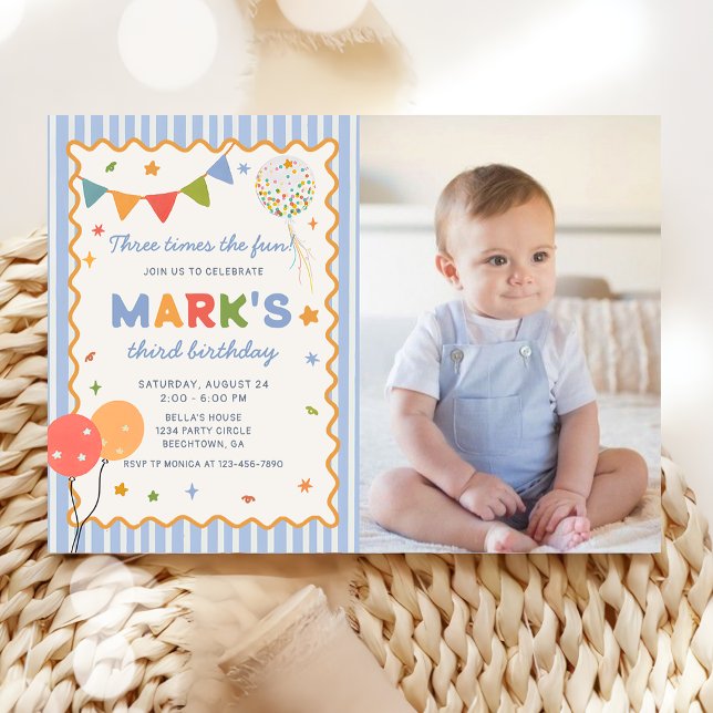 Fun Colorful Boy 3rd Birthday Photo Invitation (Creator Uploaded)