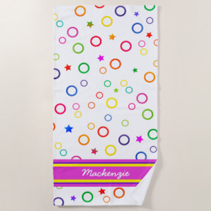 Fun Colorful Bubbles and Stars with NAME on WHITE Beach Towel