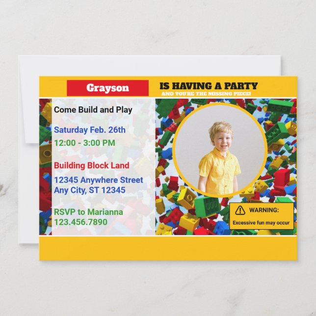 Fun Colorful Building Blocks Birthday Photo Invitation (Front)
