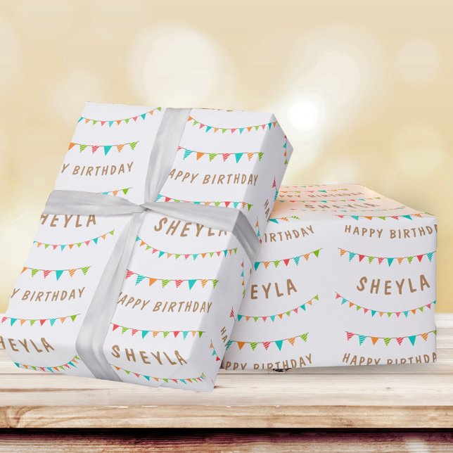 Fun Colorful Bunting Flags Name Happy Birthday Wrapping Paper (Creator Uploaded)