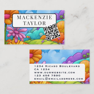 Fun Colorful Cartoon Flower Personalized QR Code Business Card