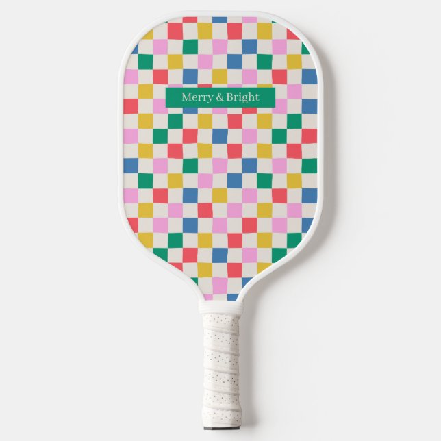 Fun Colorful Checkered Merry & Bright Pickleball Paddle (Front)